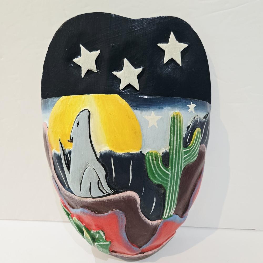 Southwest Coyote Cactus Moon & Stars Wall Pocket Decor Hand Carved Wood Wooden